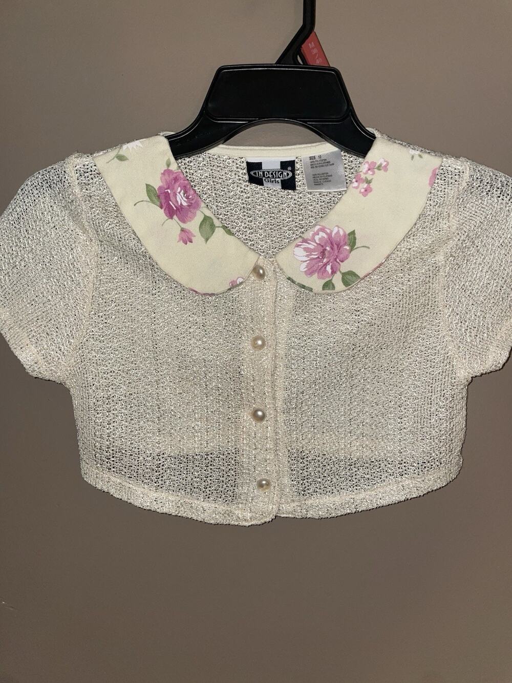 Vintage In Design Girls Cropped Cardigan Cover Up Sweater Crotchet Floral Sz 10